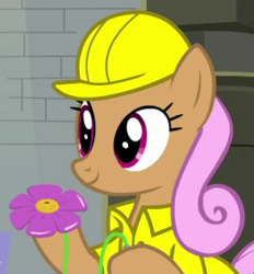 Size: 325x350 | Tagged: safe, screencap, petal smiles, earth pony, pony, g4, the last laugh, background pony, cropped, female, hard hat, solo, squirting flower