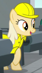 Size: 225x390 | Tagged: safe, screencap, banana mash, earth pony, pony, g4, the last laugh, background pony, cropped, female, happy, hard hat, indoors, mare, open mouth, open smile, raised hoof, smiling, solo