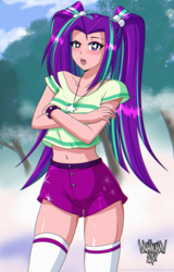 Size: 2437x3800 | Tagged: safe, artist:danmakuman, aria blaze, human, equestria girls, g4, adorasexy, belly button, clothes, crossed arms, cute, female, high res, human coloration, jewelry, looking at you, midriff, necklace, pants, sexy, shirt, short shirt, shorts, socks, solo, stupid sexy aria blaze, thigh highs, thigh socks