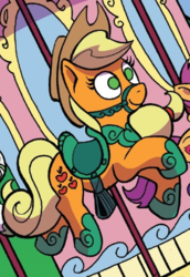 Size: 290x421 | Tagged: safe, idw, applejack, scootaloo, g4, spoiler:comic, spoiler:comic78, bridle, carousel, cosmageddon, cropped, i have no mouth and i must scream, inanimate tf, merry-go-round, saddle, solo focus, tack, transformation