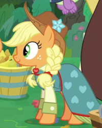 Size: 248x310 | Tagged: safe, screencap, applejack, discord, earth pony, pony, g4, the big mac question, alternate hairstyle, applejack's country dress, braided pigtails, bridesmaid dress, clothes, cropped, dress, female, mare, solo focus
