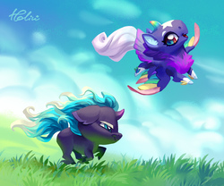 Size: 1378x1146 | Tagged: safe, artist:holivi, oc, oc only, pony, unicorn, chibi, cloud, flying, grass, running