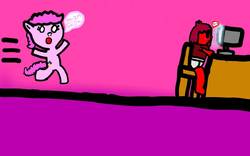 Size: 1920x1200 | Tagged: safe, artist:pagiepoppie12345, pinkie pie, earth pony, human, pony, g4, 1000 hours in ms paint, abstract background, blushing, chair, clothes, computer, crossover, cute, desk, explicit description, glowing, implied porn, lewd, low quality, omg, panic, running, shock, sitting, speech bubble, text, this will end in jerking off, this will end in love, underwear, zalgo, zalgo pagie