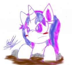 Size: 526x480 | Tagged: safe, artist:fuzon-s, edit, editor:pagiepoppie12345, oc, oc only, oc:twilight panda, pony, unicorn, blushing, colored, colored sketch, cute, dirt, frown, hole, mspaintponies, mspaintponies fanart, nope, ocbetes, rock, solo, watermark