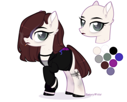 Size: 3167x2535 | Tagged: safe, artist:rerorir, oc, oc only, oc:cut crease, earth pony, pony, choker, cigarette, clothes, female, freckles, high res, jacket, leather jacket, lipstick, mare, mascara, multicolored hair, nail polish, raised hoof, reference sheet, shirt, simple background, smoke, smoking, solo, t-shirt, unshorn fetlocks, white background