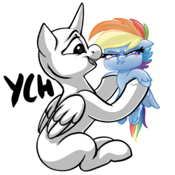 Size: 1250x1250 | Tagged: safe, artist:thrimby, rainbow dash, oc, alicorn, pegasus, pony, g4.5, my little pony: pony life, :i, angry, blushing, chibi, colored pupils, commission, cute, dashabetes, duo, embarrassed, female, floppy ears, frown, generic pony, glare, grumpy, grumpy dash, holding a pony, hoof fluff, hoof hold, looking away, madorable, mare, open mouth, partial color, pouting, simple background, sitting, small pony, smiling, smoldash, unshorn fetlocks, white background, your character here