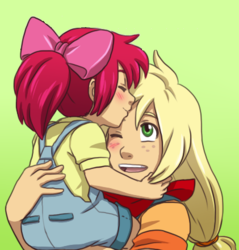 Size: 421x441 | Tagged: safe, artist:hazurasinner, edit, apple bloom, applejack, human, g4, apple bloom's bow, apple sisters, blushing, bow, clothes, cropped, cute, female, forehead kiss, hair bow, humanized, kissing, one eye closed, platonic kiss, sibling love, siblings, sister, sisterly love, sisters, younger