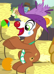 Size: 323x441 | Tagged: safe, screencap, bush league, meadow song, song west, earth pony, pony, appleoosa's most wanted, g4, clown, clown nose, cropped, hat, hay bale, juggling, male, necktie, red nose, rodeo clown, solo focus, sun hat