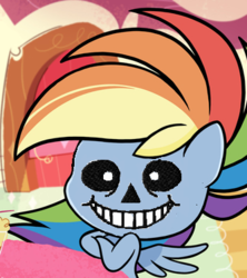 Size: 332x374 | Tagged: safe, edit, edited screencap, screencap, rainbow dash, pegasus, pony, g4.5, my little pony: pony life, blessed image, blursed image, cropped, crossed arms, cursed image, female, mare, sans (undertale), solo, undertale