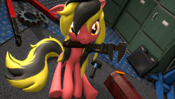 Size: 3840x2160 | Tagged: safe, artist:unnero1, oc, oc only, oc:high gear, earth pony, pony, 3d, carpet, cute, garage, gears, hammer, high res, lockers, looking at you, mouth hold, ocbetes, screwdriver, sitting, toolbox, wrench