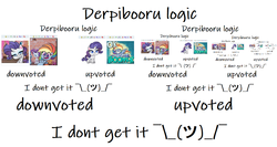 Size: 1060x562 | Tagged: safe, rainbow dash, rarity, pony, unicorn, derpibooru, g4.5, my little pony: pony life, downvote, emoticon, logic, meta, op is a duck, pony life drama, recursion, shrug, upvote