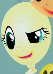 Size: 268x372 | Tagged: safe, screencap, applejack, fluttershy, pony, g4, the return of harmony, balloon, cropped, discord balloon, solo focus