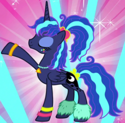Size: 566x557 | Tagged: safe, screencap, princess luna, alicorn, pony, between dark and dawn, g4, 80s princess luna, abstract background, alternate hairstyle, cropped, eyes closed, female, jewelry, mare, necklace, raised hoof, solo, sunburst background