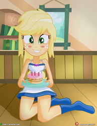 Size: 3090x4000 | Tagged: safe, artist:dieart77, applejack, human, equestria girls, g4, birthday, birthday cake, blushing, cake, clothes, cute, female, food, jackabetes, kneeling, looking at you, patreon, patreon logo, socks, solo