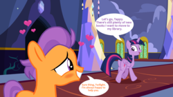 Size: 1500x844 | Tagged: safe, artist:lunaticdawn, tender taps, twilight sparkle, alicorn, earth pony, pony, g4, blushing, butt, colt, crush, female, heart, male, mare, plot, shipping, smiling, speech bubble, straight, twilight sparkle (alicorn), twilight's castle, twitaps