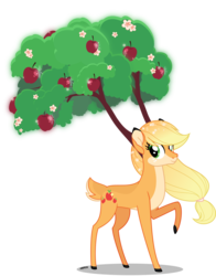 Size: 4000x5115 | Tagged: safe, artist:orin331, applejack, the great seedling, deer, elk, g4, going to seed, apple, appledeer, branches for antlers, deerified, female, food, headcanon in the description, pale belly, raised hoof, seedlingjack, simple background, solo, species swap, transparent background