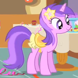 Size: 307x307 | Tagged: safe, screencap, amethyst star, sparkler, pony, unicorn, a bird in the hoof, g4, season 1, background pony, clothes, cropped, female, flower, flower in hair, mare, saddle, skirt, solo, tack