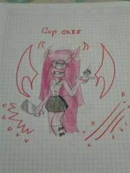 Size: 483x644 | Tagged: safe, artist:madisonn, pinkie pie, earth pony, anthro, pinkamena party, g4, clothes, cupcake, female, food, graph paper, knife, pinkamena diane pie, skirt, solo, traditional art