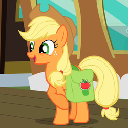 Size: 540x540 | Tagged: safe, screencap, applejack, earth pony, pony, g4, the last roundup, applejack's hat, cowboy hat, cropped, cute, female, freckles, hat, jackabetes, mare, open mouth, raised hoof, saddle bag, smiling, solo