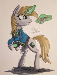 Size: 774x1032 | Tagged: safe, artist:sigilponies, oc, oc only, oc:littlepip, pony, unicorn, fallout equestria, clothes, fanfic, fanfic art, female, glowing horn, gun, handgun, hooves, horn, inktober, inktober 2019, jumpsuit, levitation, little macintosh, magic, mare, pipbuck, rearing, revolver, simple background, solo, telekinesis, traditional art, vault suit, weapon
