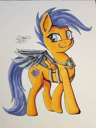 Size: 774x1032 | Tagged: safe, artist:sigilponies, scootaloo, pegasus, pony, g4, artificial wings, augmented, female, inktober, inktober 2019, mechanical wing, solo, traditional art, wings
