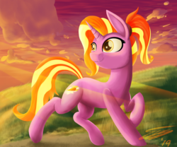 Size: 2400x2000 | Tagged: safe, artist:sigilponies, luster dawn, pony, unicorn, g4, the last problem, crepuscular rays, female, grass, high res, looking back, mare, signature, smiling, solo, walking