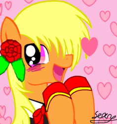Size: 639x674 | Tagged: safe, artist:avchonline, oc, oc only, oc:sean, pegasus, pony, blushing, bust, clothes, femboy, flower, flower in hair, heart, hoof shoes, male, signature, smiling, solo, stallion