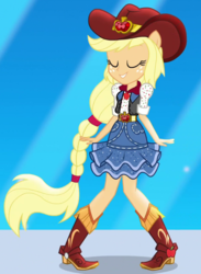 Size: 640x872 | Tagged: safe, screencap, applejack, dance magic, equestria girls, equestria girls specials, g4, belt, boots, clothes, cowboy hat, cropped, dance magic (song), dancing, denim skirt, eyes closed, female, hat, miniskirt, ponied up, pony ears, shoes, skirt, smiling, solo, stetson, vest