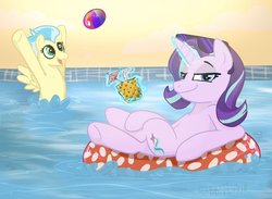 Size: 1125x825 | Tagged: safe, artist:rabbitasaur, starlight glimmer, pony, g4, ball, canada, inner tube, smug, smuglight glimmer, swimming pool, vanhoover, vanhoover pony expo 2020, water