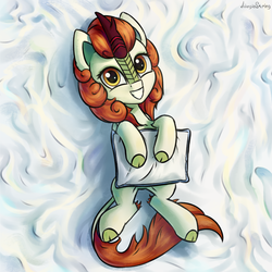 Size: 3000x3000 | Tagged: safe, artist:adagiostring, autumn blaze, kirin, g4, awwtumn blaze, cute, female, filly, high res, looking at you, on back, pillow, smiling, solo, younger