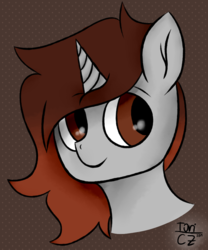Size: 1000x1200 | Tagged: safe, artist:toricelli, oc, oc only, oc:shruggy, pony, unicorn, bust, simple background, solo, watermark