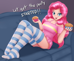Size: 2000x1650 | Tagged: safe, artist:focusb, pinkie pie, human, g4, adorasexy, ass, balloonbutt, butt, clothes, couch, cupcake, cute, dessert, dialogue, female, food, humanized, looking at you, missing shoes, open mouth, schrödinger's pantsu, sexy, socks, solo, stocking feet, stockings, striped socks, striped stockings, thigh highs, thighs