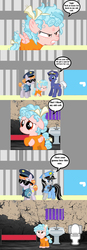 Size: 1366x3910 | Tagged: safe, artist:cheezedoodle96, artist:hendro107, artist:kayman13, artist:sinkbon, artist:troyjr24, edit, vector edit, copper top, cozy glow, oc, oc:blue fuzz, oc:piptony, pegasus, pony, g4, angry, bars, bed, cell, clothes, comic, cozy glow is not amused, cozybuse, door, female, filly, glasses, hallway, krabby road, night, police, police officer, police uniform, prison, prison outfit, sad, sink, speech bubble, spongebob squarepants, sunglasses, toilet, vector, window