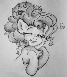 Size: 2800x3203 | Tagged: safe, artist:yunuo, pinkie pie, pony, g4, the last problem, female, heart, high res, monochrome, older, older pinkie pie, solo, traditional art