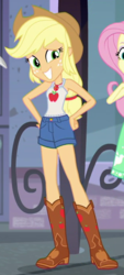 Size: 312x690 | Tagged: safe, screencap, applejack, fluttershy, equestria girls, g4, my little pony equestria girls: better together, street chic, bare shoulders, cropped, female, offscreen character, sleeveless, solo focus