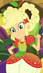 Size: 644x1080 | Tagged: safe, screencap, applejack, rainbow dash, equestria girls, equestria girls specials, g4, my little pony equestria girls: better together, my little pony equestria girls: holidays unwrapped, o come all ye squashful, clothes, cornucopia costumes, costume, cropped, cute, female, jackabetes, looking at you, offscreen character, pointing at self, solo focus