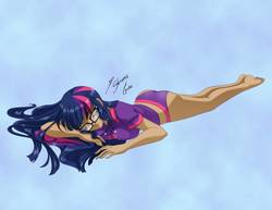 Size: 1017x786 | Tagged: safe, artist:shinta-girl, twilight sparkle, human, equestria girls, anime style, ass, barefoot, breasts, butt, clothes, dark skin, feet, female, glasses, human coloration, humanized, legs, panties, purple underwear, sleeping, solo, tanned, twibutt, twilight darkle, underwear, undies