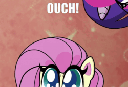 Size: 708x482 | Tagged: safe, edit, edited screencap, screencap, fluttershy, twilight sparkle, alicorn, pegasus, pony, g4.5, my little pony: pony life, animated, broken arm, exuberant airdancer fluttershy, female, gif, injured, mare, meme, open mouth, ouch, pain, screaming, text, twilight sparkle (alicorn), wide eyes