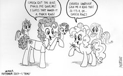 Size: 1491x923 | Tagged: safe, artist:kturtle, cheese sandwich, fluttershy, pinkie pie, rarity, twilight sparkle, alicorn, earth pony, pegasus, pony, unicorn, g4, and that's how li'l cheese was made, black and white, explicit source, female, grayscale, inktober, inktober 2019, jewelry, male, mare, marriage proposal, monochrome, raised hoof, ring, ship:cheesepie, shipping, smiling, stallion, straight, this will end in parties, this will end in tears and/or breakfast, wingless
