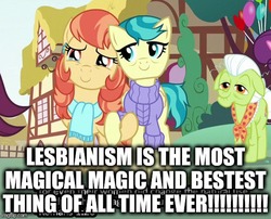 Size: 554x448 | Tagged: safe, edit, edited screencap, editor:useraccount, screencap, aunt holiday, auntie lofty, granny smith, snap shutter, g4, the last crusade, caption, cropped, duo focus, excessive exclamation marks, female, holding hooves, image macro, lesbian, ship:lofty day, shipping, text