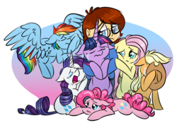 Size: 2027x1432 | Tagged: safe, artist:cartoonboyfriends, applejack, fluttershy, pinkie pie, rainbow dash, rarity, twilight sparkle, alicorn, earth pony, human, pegasus, pony, unicorn, g4, crying, crying on the outside, end of ponies, female, floppy ears, gradient background, hug, mane six, mare, simple background, transparent background, twilight sparkle (alicorn)