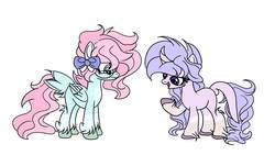Size: 1192x670 | Tagged: safe, artist:bezziie, oc, oc:strawberry pie, oc:violet, classical unicorn, pegasus, pony, unicorn, bandaid, bow, curved horn, glasses, horn, leonine tail, simple background, tail feathers, unshorn fetlocks, white background
