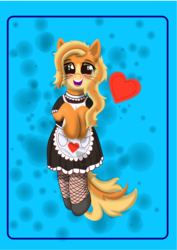 Size: 3000x4243 | Tagged: safe, artist:speedrunnerg55, oc, oc only, oc:mistie pone, cat, cat pony, original species, semi-anthro, arm hooves, clothes, cute, cutie mark, female, fishnet stockings, heart, maid, solo, whiskers