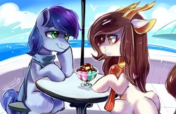 Size: 3400x2200 | Tagged: safe, artist:oofycolorful, oc, oc:crystal eve, oc:睦睦, earth pony, pony, duo, eating, food, high res, ice cream, sparkly eyes, wingding eyes