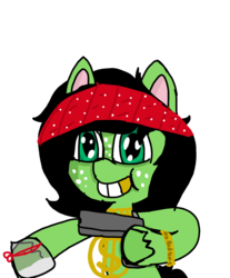 Size: 1440x1742 | Tagged: safe, artist:scotch, oc, oc:filly anon, pony, g4.5, my little pony: pony life, bandana, chest fluff, cocaine, drugs, female, filly, gangsta, gold chains, gold tooth, gun, racism, smiling, weapon