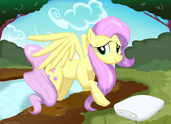 Size: 3509x2550 | Tagged: safe, artist:neoshrek, fluttershy, pegasus, pony, g4, female, high res, looking at you, mare, outdoors, river, smiling, solo, spread wings, three quarter view, towel, water, wet, wings