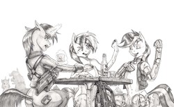 Size: 1600x986 | Tagged: safe, artist:baron engel, oc, oc:blackjack, oc:cinnamon cider, oc:littlepip, cyborg, pony, unicorn, fallout equestria, fallout equestria: project horizons, amputee, augmented, bar, bottle, butt, clothes, collar, colored hooves, cyber legs, eyes closed, fanfic, fanfic art, female, glowing horn, grayscale, gun, handgun, hooves, horn, jumpsuit, levitation, little macintosh, magic, mare, monochrome, pencil drawing, pipbuck, plot, prosthetic leg, prosthetic limb, prosthetics, revolver, simple background, sitting, table, telekinesis, traditional art, vault suit, weapon, white background