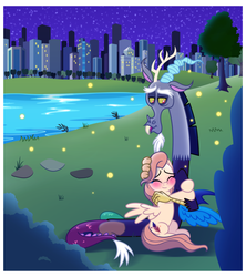 Size: 5819x6551 | Tagged: safe, artist:estories, discord, oc, oc:alice goldenfeather, draconequus, firefly (insect), insect, pegasus, pony, comic:find yourself, g4, blushing, building, cute, discute, duo, female, hug, mare, night, ocbetes, pond, tree