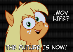 Size: 1280x917 | Tagged: safe, artist:hotdiggedydemon, edit, applejack, earth pony, pony, .mov, apple.mov, g4, g4.5, my little pony: pony life, aaaaaaaaaa, bust, female, hatless, head tilt, jappleack, looking at you, mare, missing accessory, open mouth, portrait, smiling, solo