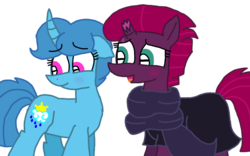 Size: 1440x900 | Tagged: safe, artist:徐詩珮, fizzlepop berrytwist, spring rain, tempest shadow, pony, unicorn, g4, blushing, broken horn, clothes, cute, female, horn, lesbian, mare, scarf, ship:springshadow, shipping, simple background, springbetes, tempestbetes, transparent background